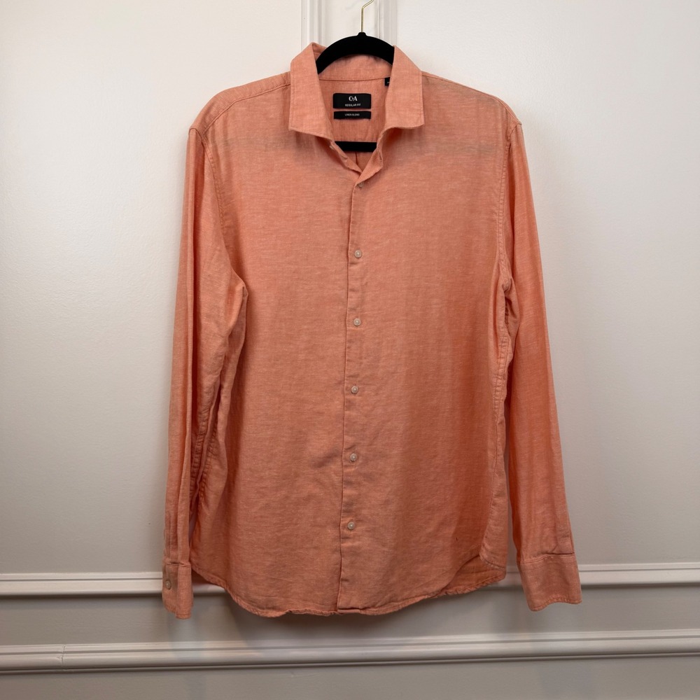 C&A Mens XL Regular Fit Linen Blend Long‎ Sleeve Button Down Shirt Peach Coral